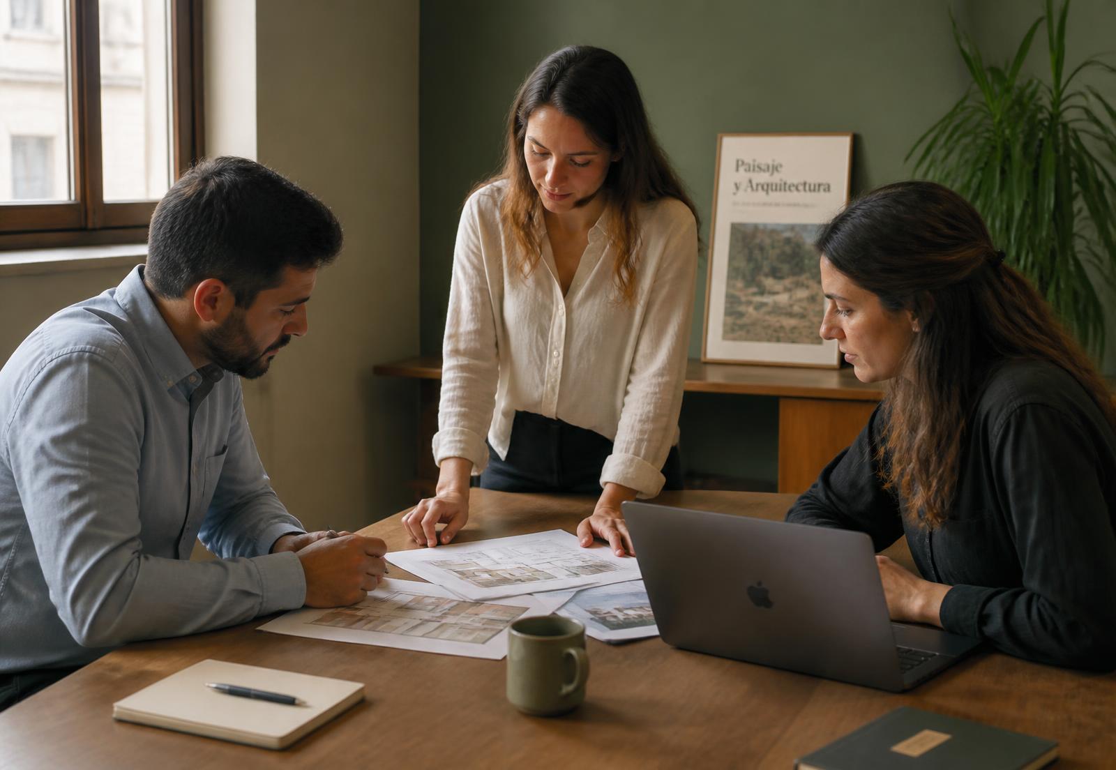 Equipo de trabajo revisando un plan de marketing sobre una mesa de reuniones